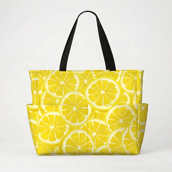 Must-have women's tropical lemon print travel tote bag for beach vacations & summer trips.