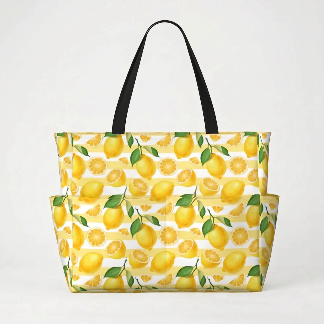 Versatile women's large tropical lemon print shopper tote, great for beach & everyday use.