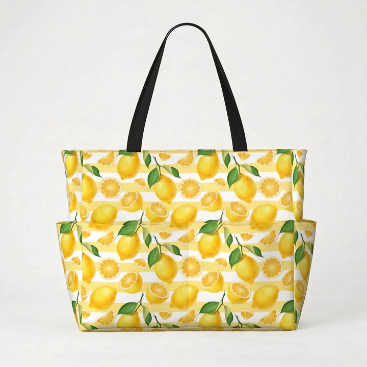 Versatile women's large tropical lemon print shopper tote, great for beach & everyday use.
