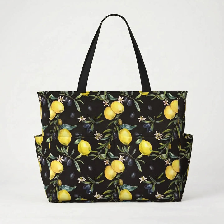 Vivid tropical lemon print adorns this large women's beach tote bag, perfect for summer fun.