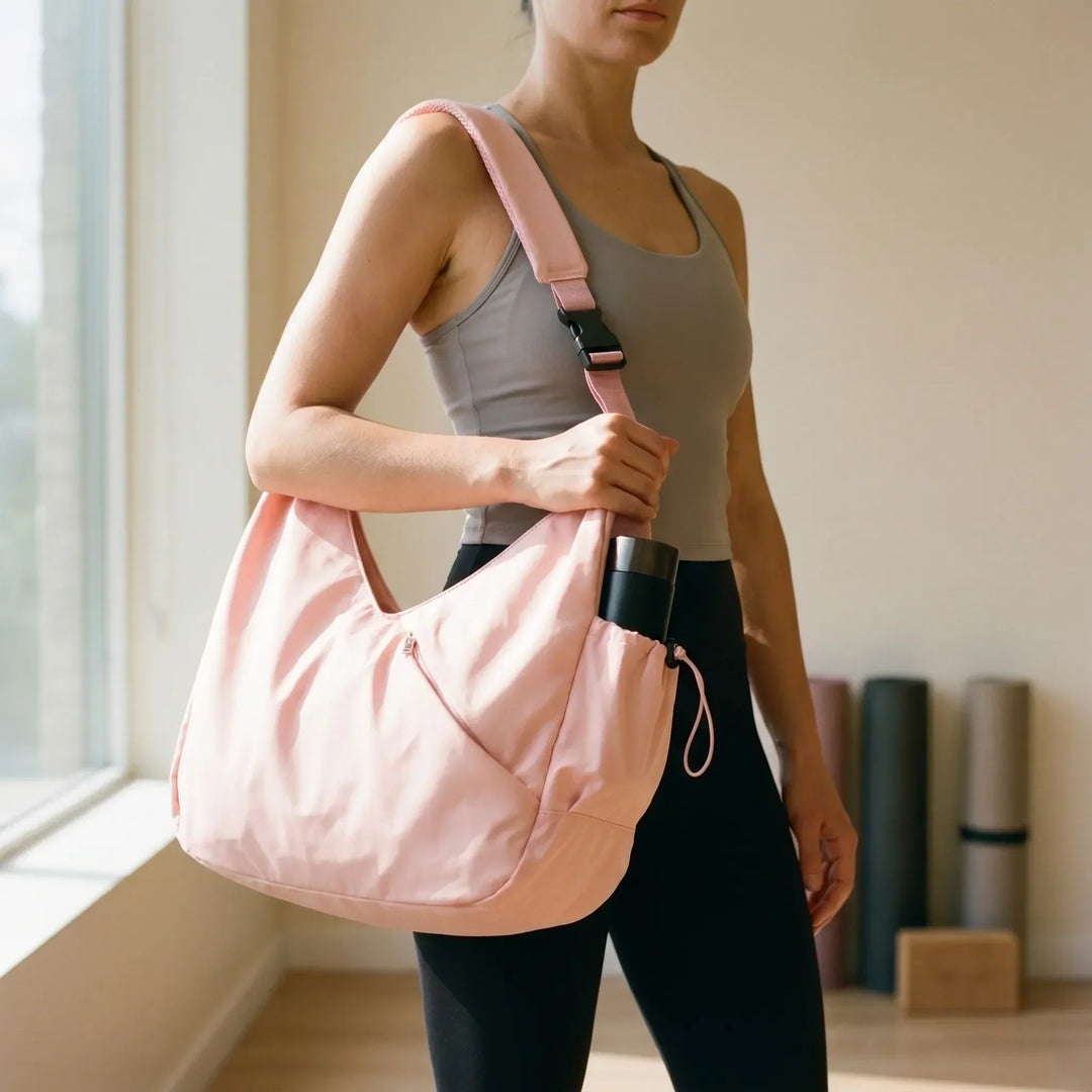 Women's large fitness tote bag with yoga mat straps, perfect for gym, travel, and active lifestyles.