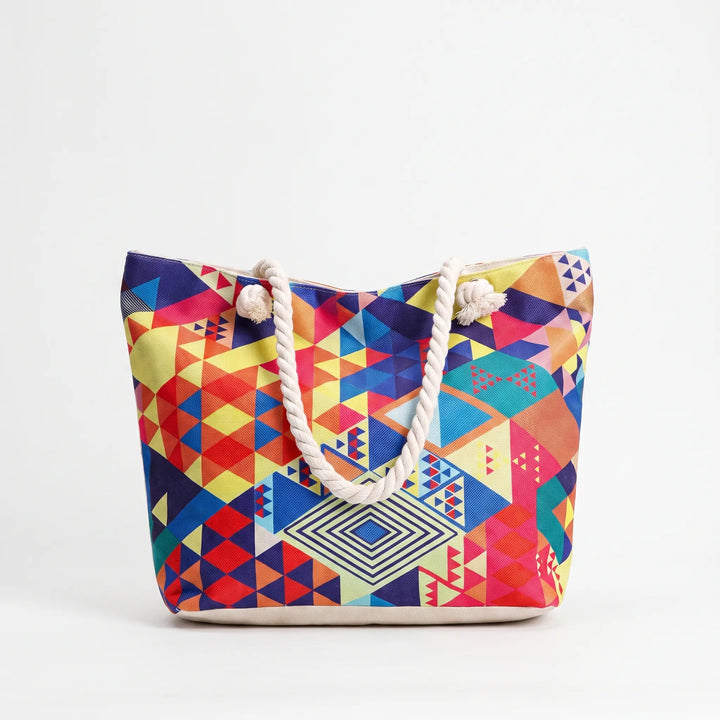 Stylish women's geometric print beach tote bag, a large summer shoulder shopper for travel & holidays.
