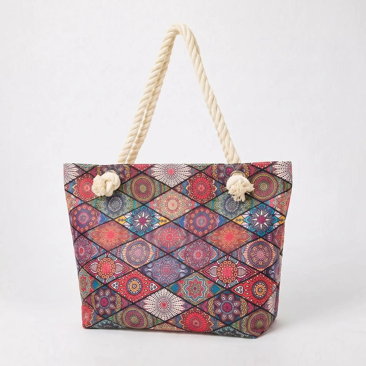 Fashionable women's mosaic print summer tote bag, a spacious beach and travel shoulder bag.