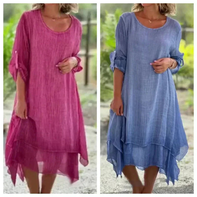 Comfortable & flowy women's layered midi dress with 3/4 sleeves, essential for a relaxed summer.