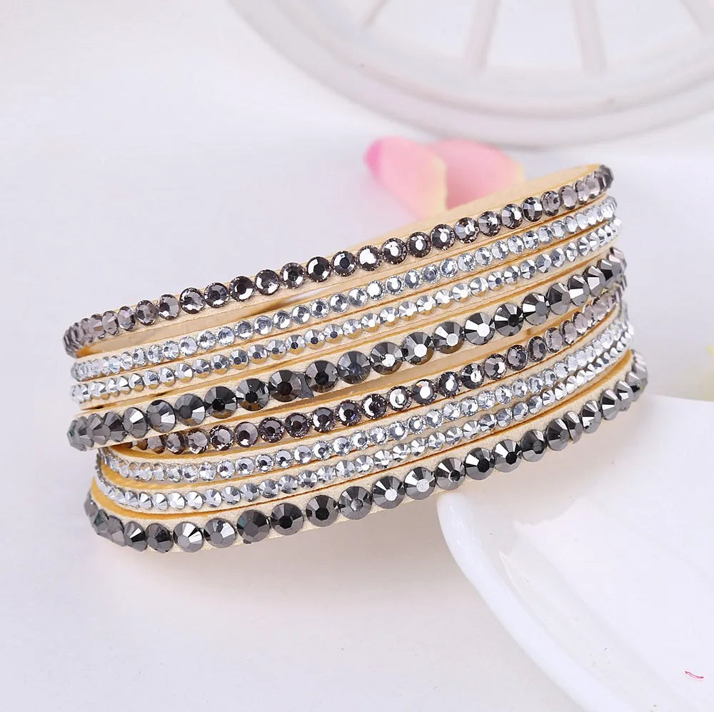 Chic women's layered rhinestone wrap bracelet, featuring multiple strands of brilliant, sparkling rhinestones.