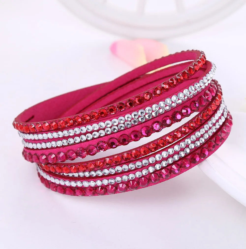 Elegant women's adjustable layered rhinestone wrap bracelet, featuring dazzling crystals and a secure fit.