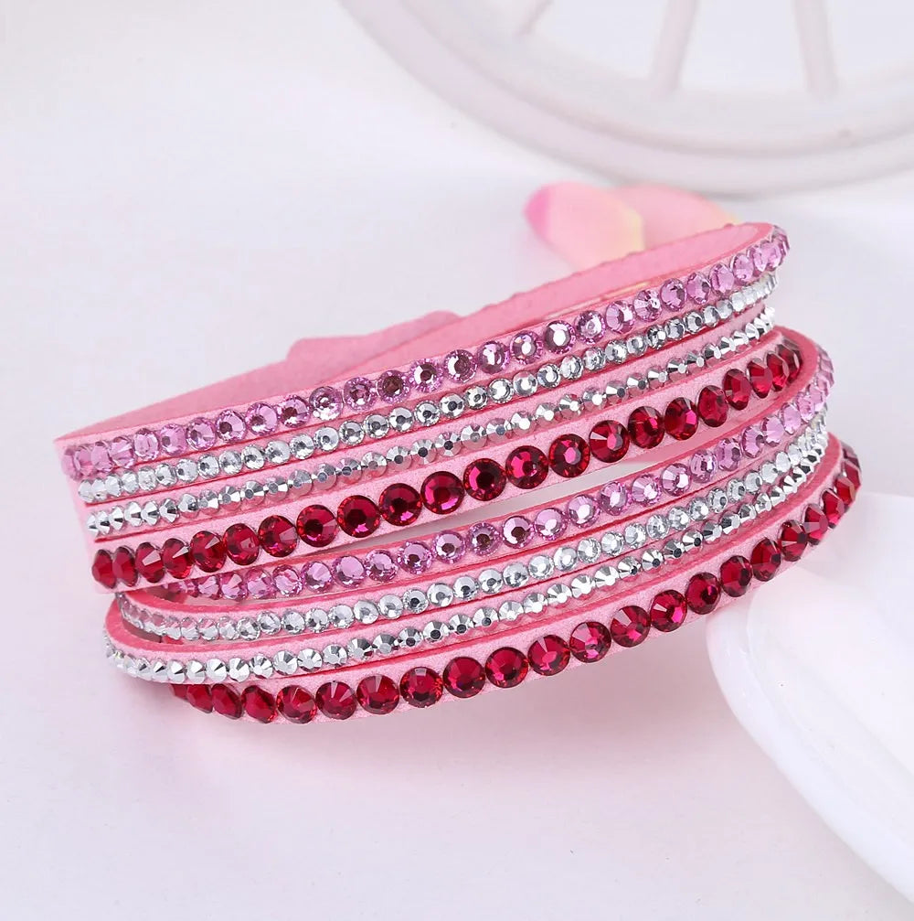 Adjustable layered rhinestone wrap bracelet for women, perfect for adding glamour to any ensemble.