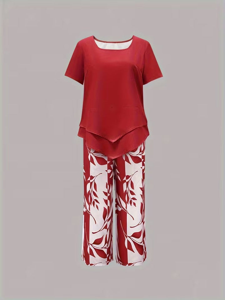 Lightweight women's leaf print 2-piece set for summer: short sleeve top and relaxed fit cropped pants.