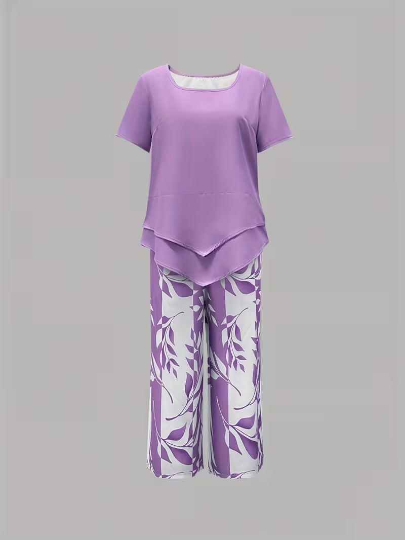 Versatile women's leaf print 2-piece outfit: short sleeve top & cropped pants for casual or vacation style.
