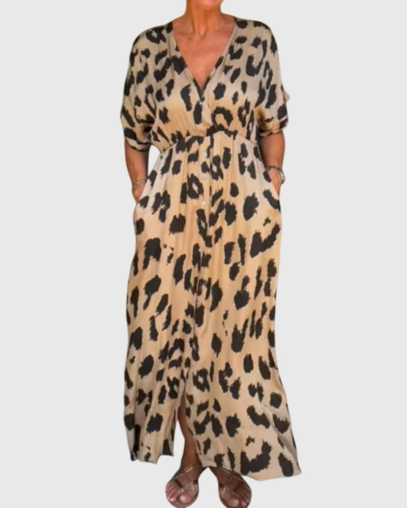 Women's leopard print V-neck button-front maxi dress, ideal for summer casual or evening fashion.