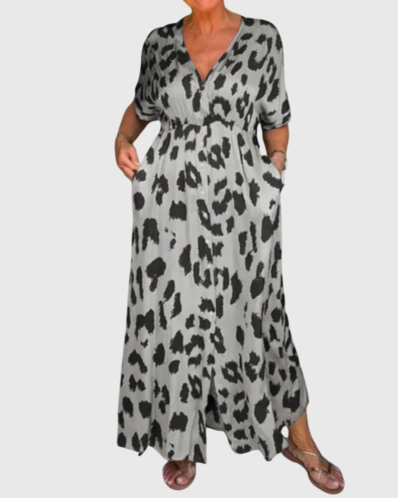 Stylish women's leopard print maxi dress with V-neck & button front, perfect comfortable summer fashion.