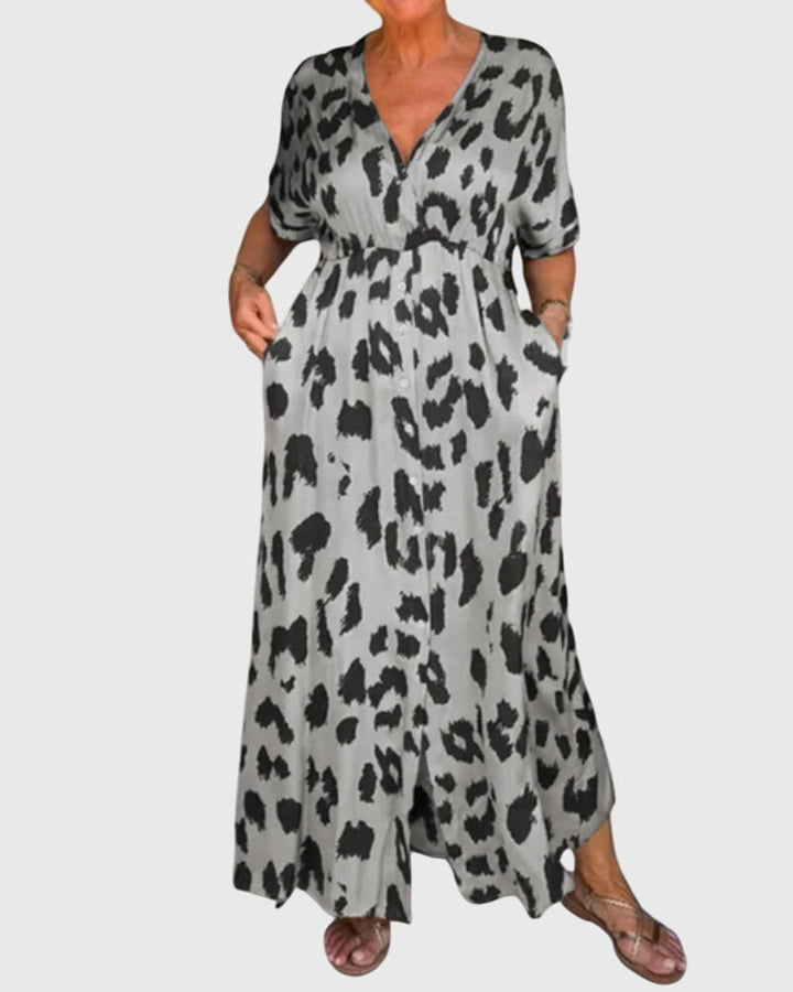 Stylish women's leopard print maxi dress with V-neck & button front, perfect comfortable summer fashion.