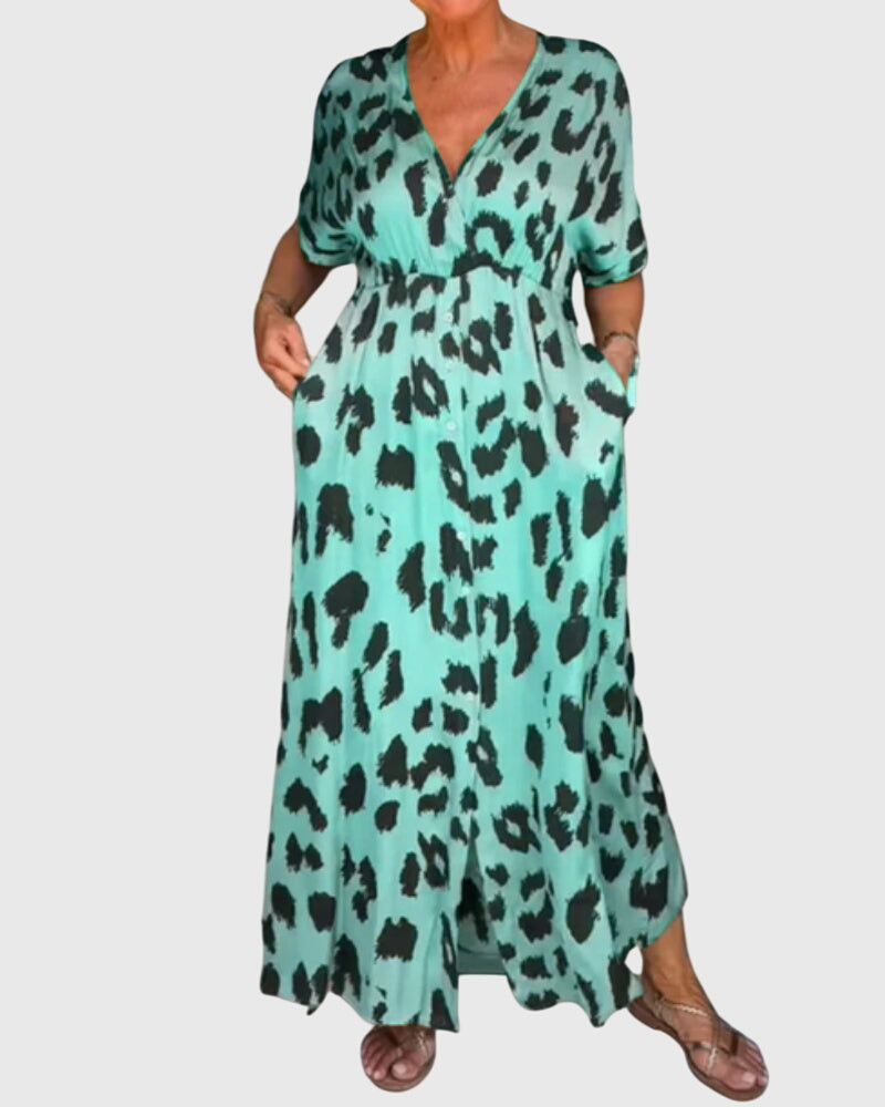 Elegant women's leopard print V-neck maxi dress with full button front, suitable for any casual or evening wear.