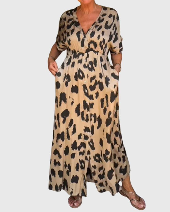 Fashionable women's leopard print V-neck button-down maxi dress, a comfortable and versatile summer outfit.