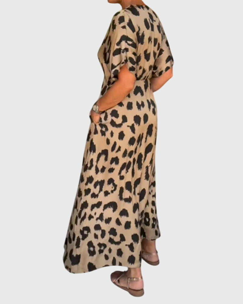 Chic women's leopard print V-neck button-front maxi dress, perfect for casual outings or stylish evening wear.