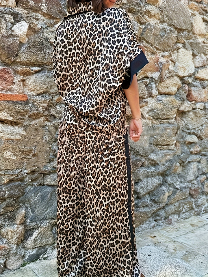 Chic women's V-neck, short-sleeve, wide-leg jumpsuit in a bold leopard print.