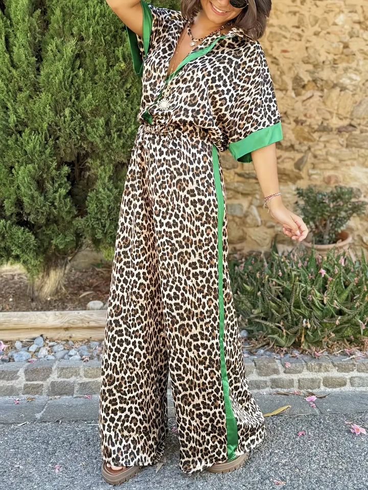 Versatile women's fashion: leopard print wide-leg jumpsuit with a flattering V-neck.