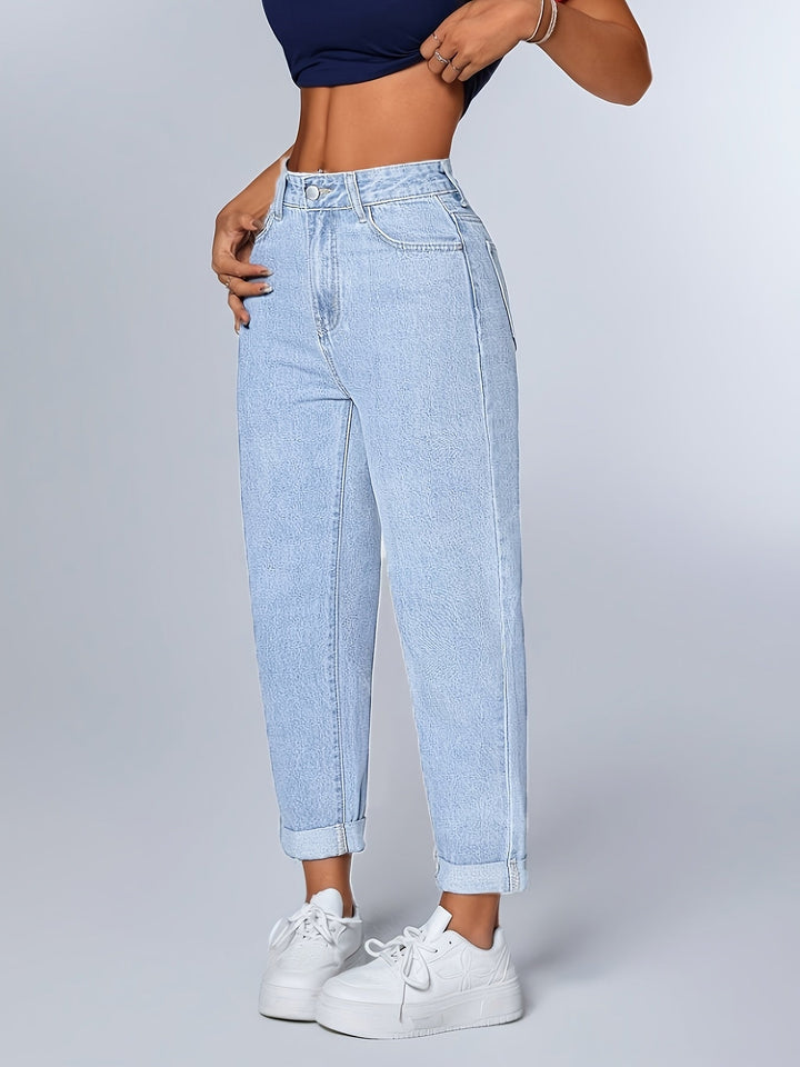 Women's light blue high waist mom jeans with relaxed fit, perfect for casual, retro everyday style.