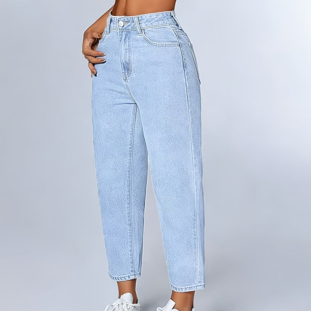 Light blue women's high waist mom jeans, relaxed fit. Tapered leg, cuffed hem for a casual, retro everyday look.