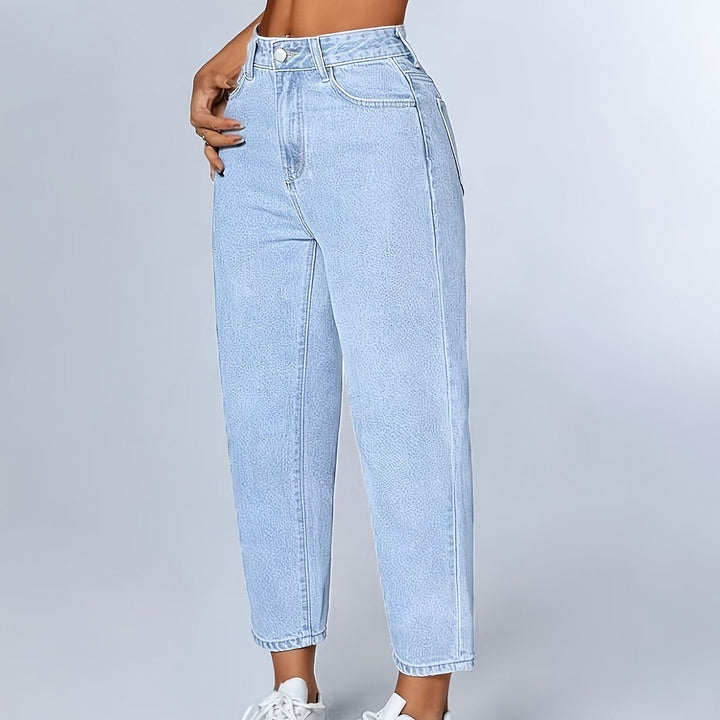 Light blue women's high waist mom jeans, relaxed fit. Tapered leg, cuffed hem for a casual, retro everyday look.