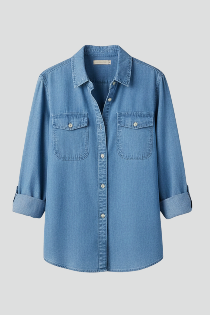 Women's light blue long sleeve shirt with classic collar, button-up. Versatile for casual & everyday wear.