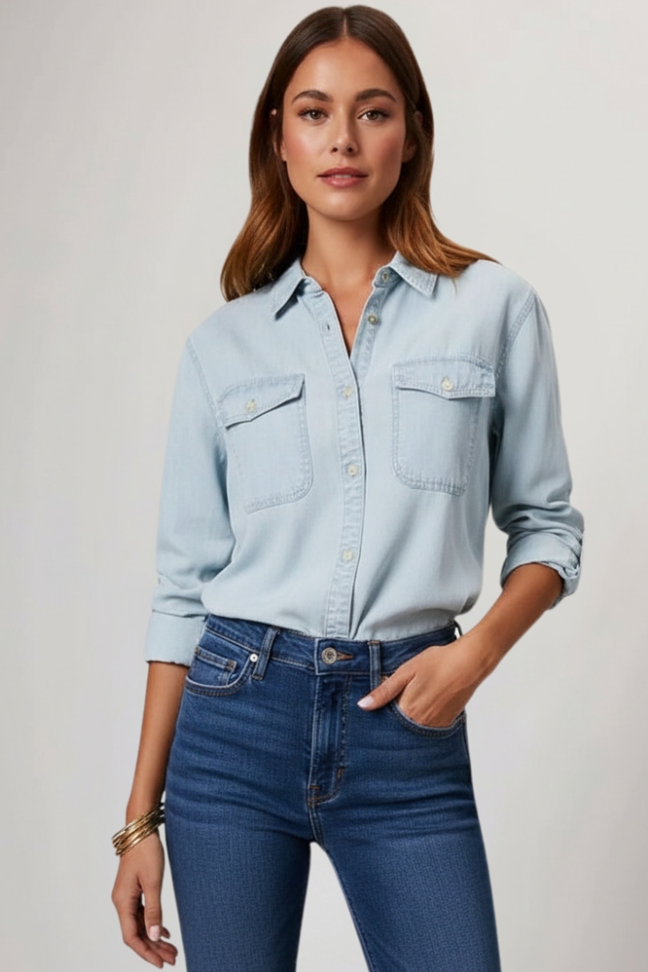 Chic light blue women's long sleeve shirt, classic collar. Button-up design for versatile, stylish everyday wear.