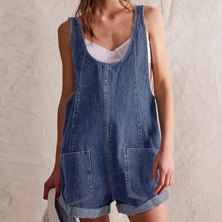 Light wash sleeveless denim romper for women, a versatile piece for a chic summer casual outfit.