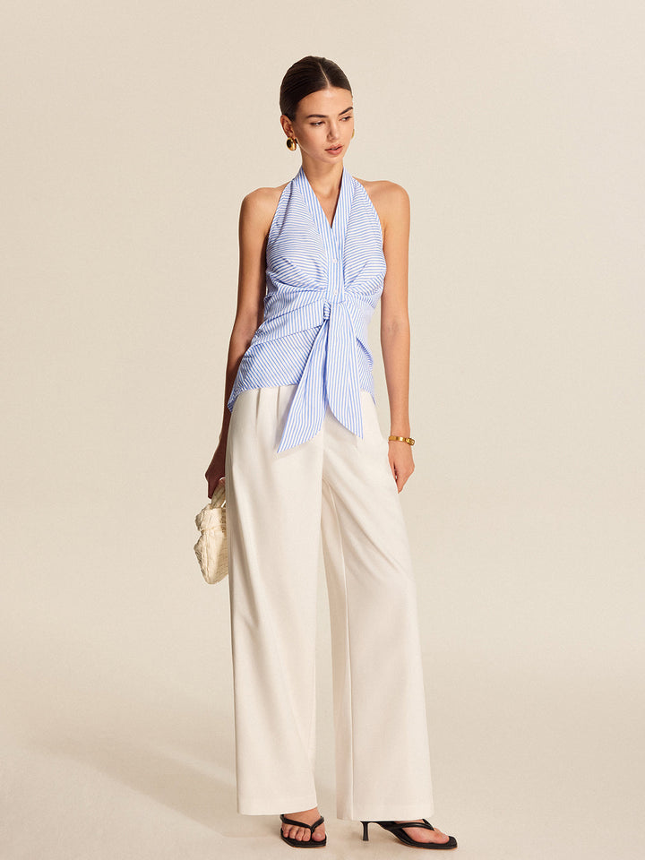 Sleeveless striped halter top for women with a chic tie-front. Perfect for professional office or casual daily wear.