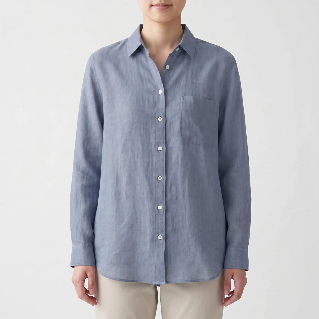 Breathable women's long sleeve button-up shirt, perfect for a relaxed fit summer style & comfortable everyday wear.