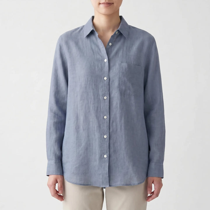 Breathable women's long sleeve button-up shirt, perfect for a relaxed fit summer style & comfortable everyday wear.