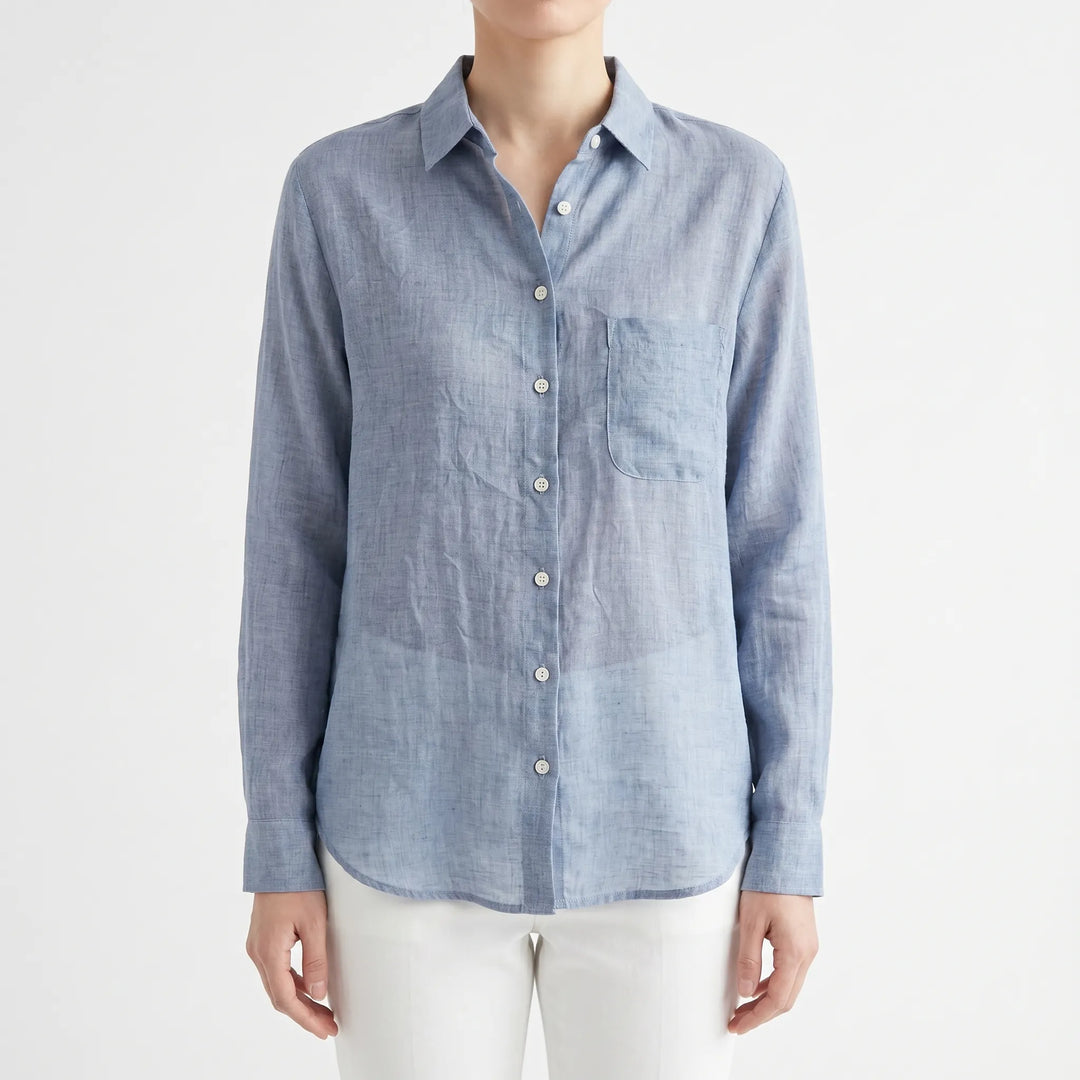 Classic women's long sleeve button-up shirt, designed for a relaxed fit and lightweight, breathable comfort.