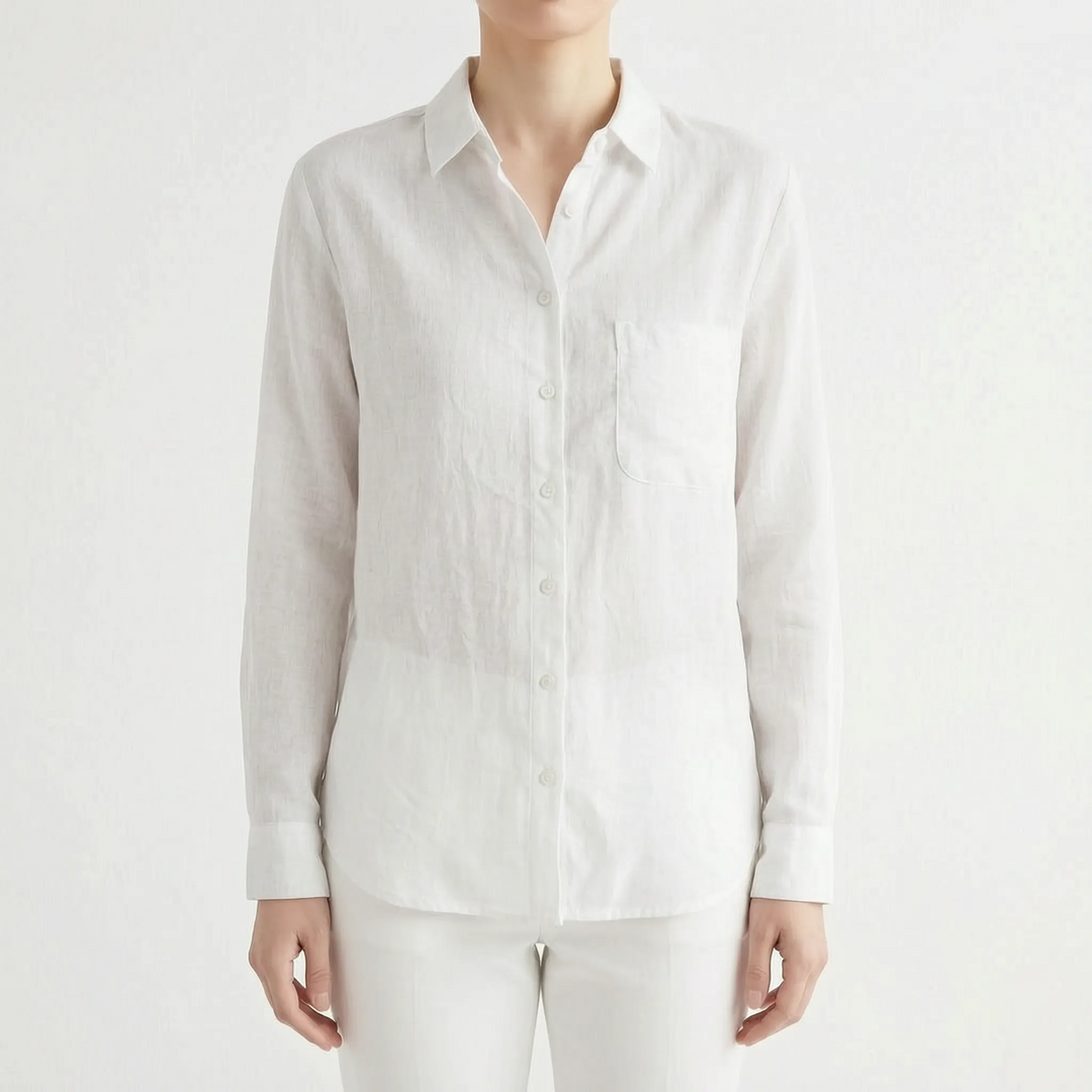 Woman wearing a relaxed fit lightweight button-up shirt, perfect for a breathable casual summer outfit.