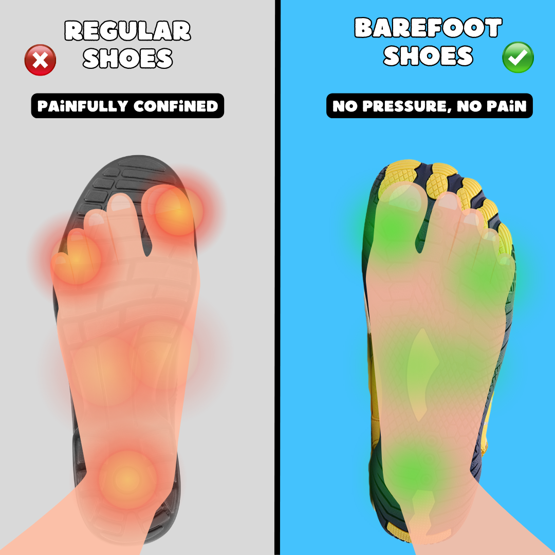 Pair of women's comfortable, lightweight barefoot walking shoes designed for natural stride.