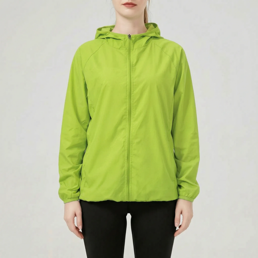 Durable women's rain jacket, lightweight hooded design for hiking & travel.
