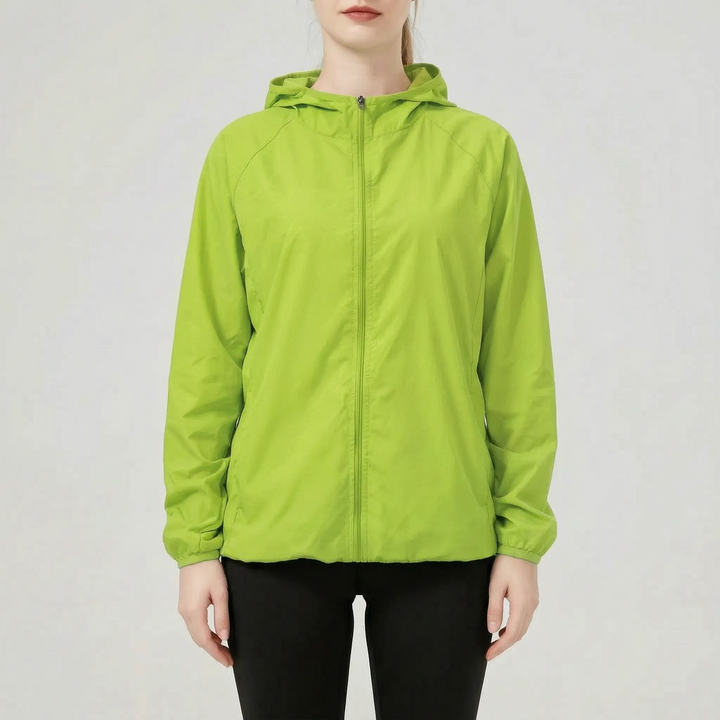 Durable women's rain jacket, lightweight hooded design for hiking & travel.