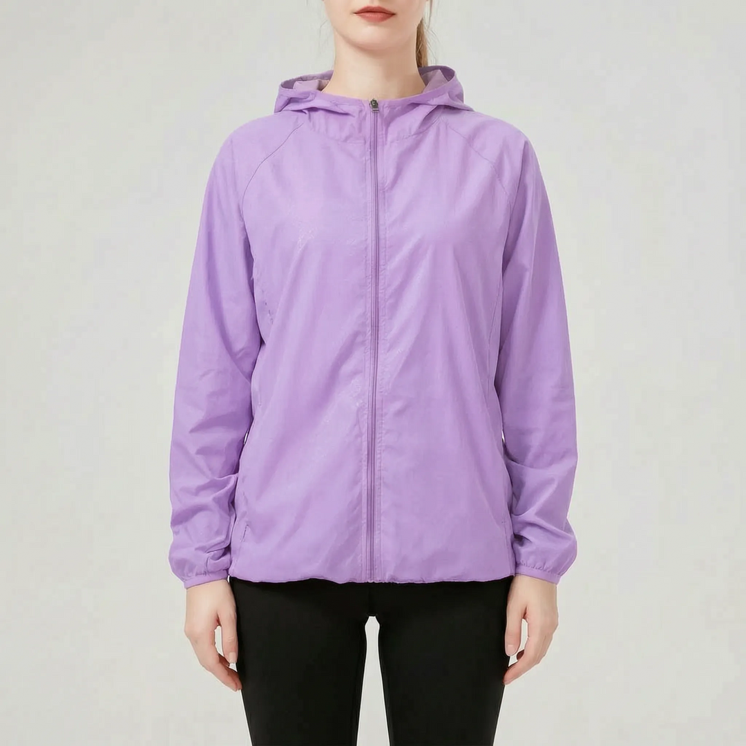 Casual women's hooded jacket, lightweight & packable, great for active travel gear.