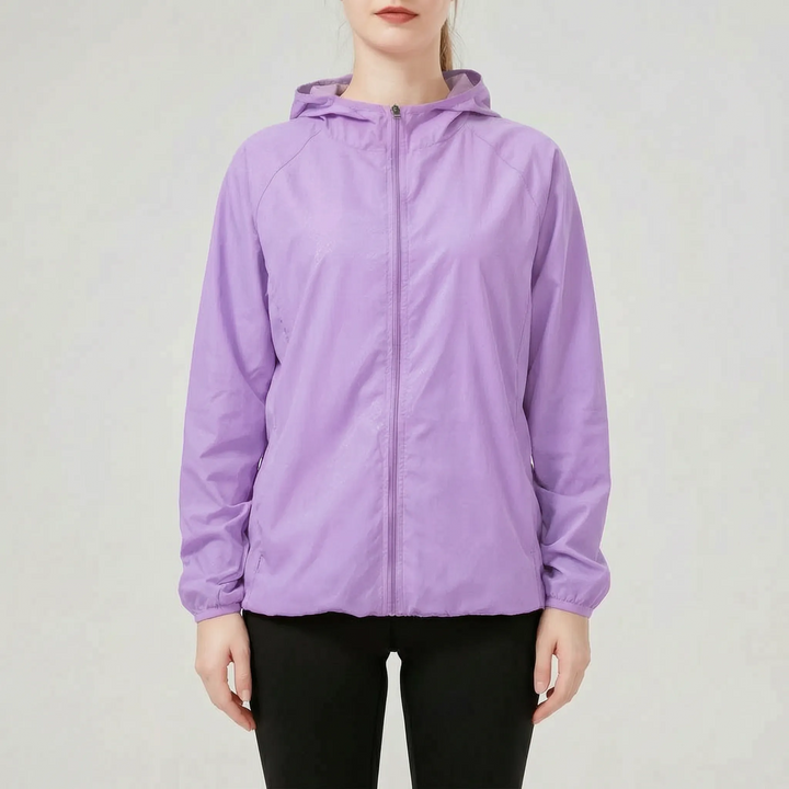 Casual women's hooded jacket, lightweight & packable, great for active travel gear.