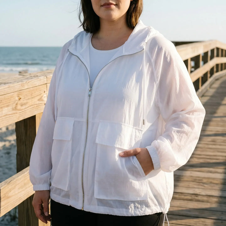 Women's lightweight hooded sports jacket for active outdoor activities and daily wear.