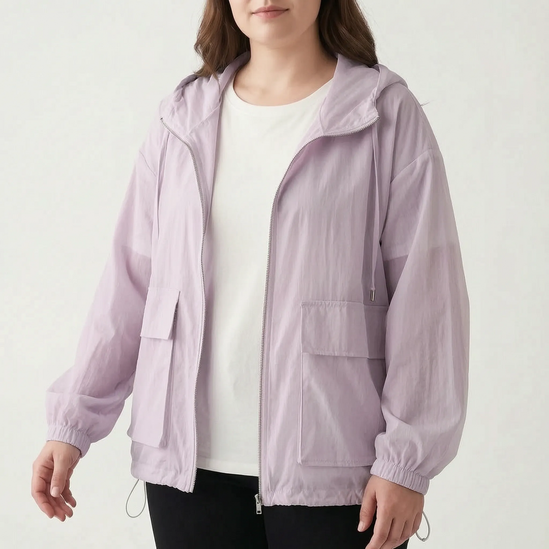Durable women's lightweight hooded windbreaker, ideal for running, hiking, and all outdoor sports.
