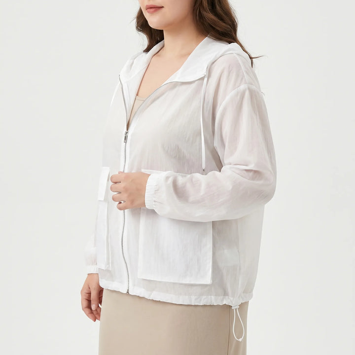 Athletic women's full-zip hooded running jacket, perfect for lightweight wind protection.