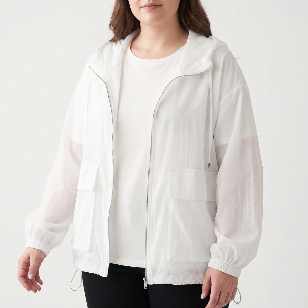 Women's hooded activewear jacket, designed for summer runs, hiking, and outdoor adventures.