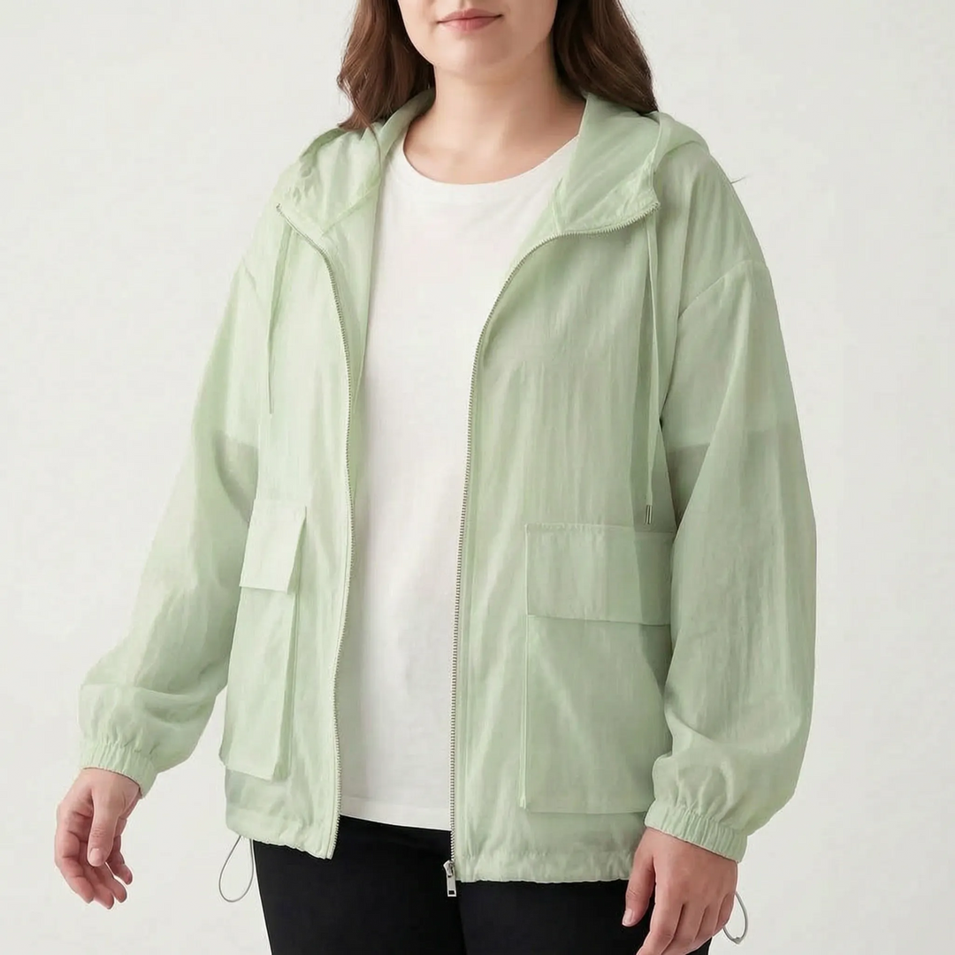 Women's summer sports jacket, a lightweight hooded windbreaker for mild weather and active outdoors.