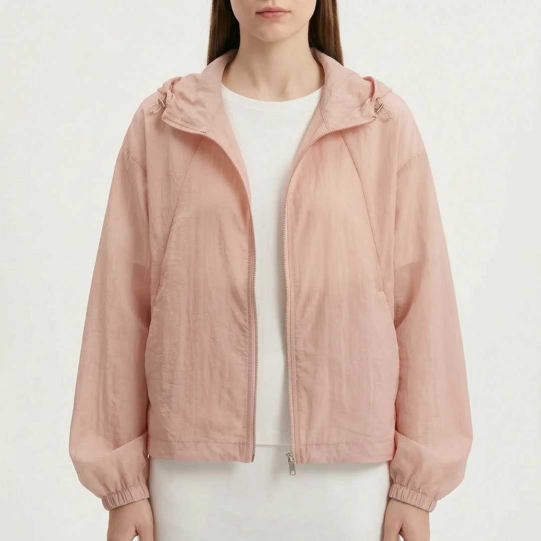 Athletic women's hooded windbreaker jacket, a lightweight full-zip outerwear for running and outdoor sports.