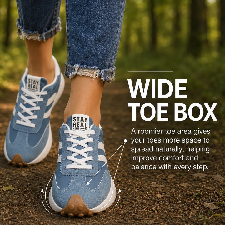 Lightweight women's walking shoes with a wide toe box & orthopedic features.