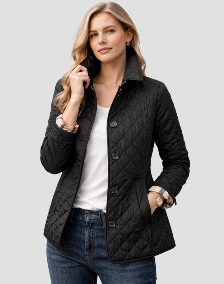 Women's lightweight quilted jacket with stylish button front, perfect for fall or spring layering.