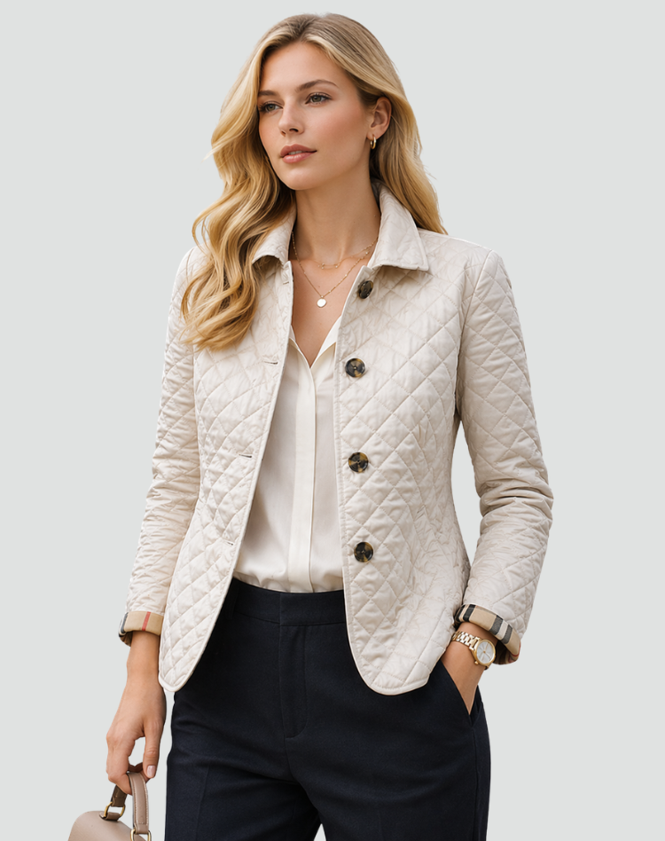 Stylish women's quilted jacket featuring a button front, structured collar, and lightweight design for versatile wear.