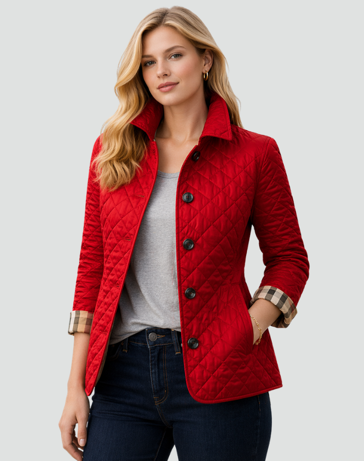 Modern women's quilted jacket with elegant button-front closure and a classic structured collar for casual style.