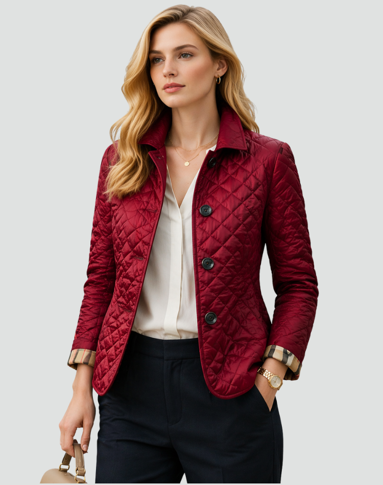 Fashionable women's lightweight quilted jacket with a chic button front, great for layering in cooler weather.
