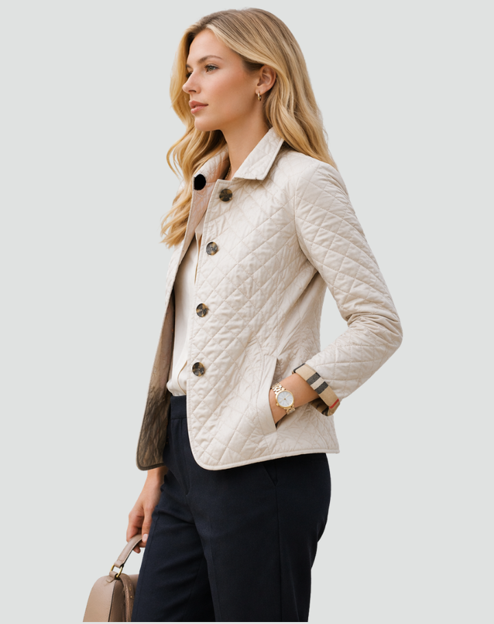 Women's casual quilted jacket, lightweight with a button front and structured collar, suitable for spring.