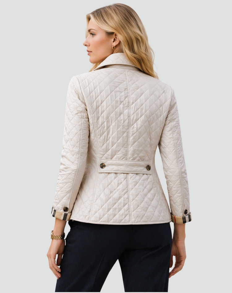 Elegant women's quilted button-front jacket. This lightweight outerwear offers a stylish look for fall outfits.